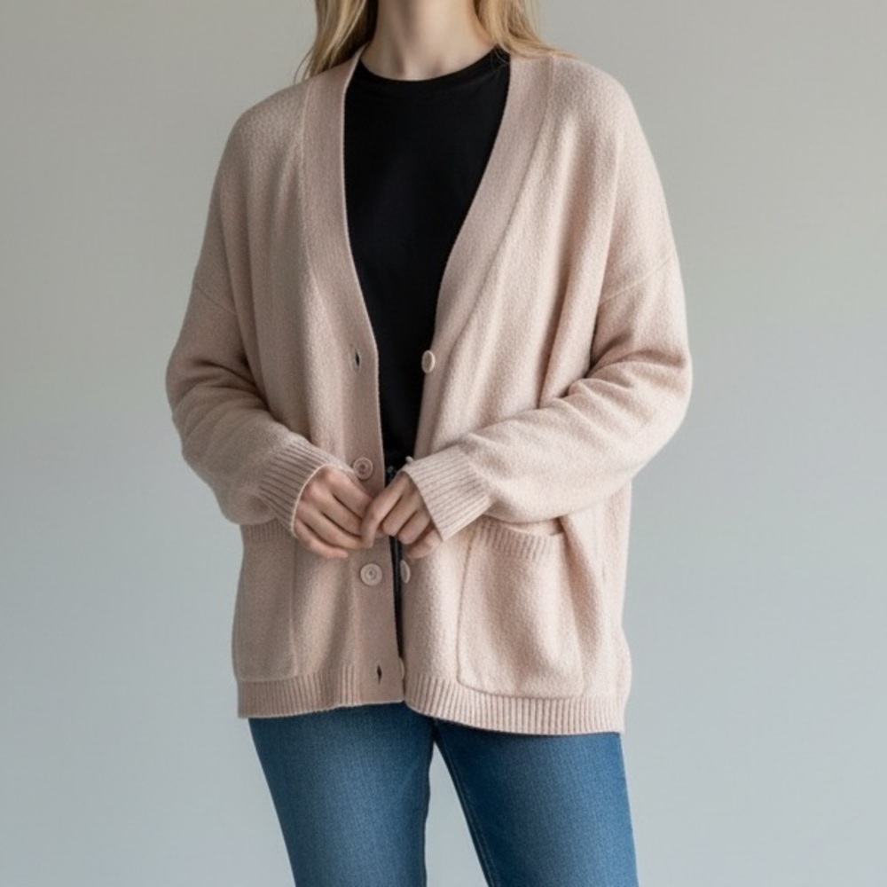 Joie Cardigan Sweater M Medium Ivory Beige Fuzzy Button Pockets Grandpa Cozy